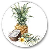 East Urban Home Pineapple With Coconut Plumeria And Palm Leaves - Traditional Metal Circle Wall Art