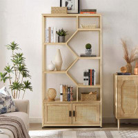 Mercer41 Rattan Bookshelf 7 Tiers Bookcases Storage Rack With Cabinet For Living Room Home Office