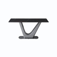 Brayden Studio Modern Black Artificial Stone Dining Table With Gray V-shaped Metal Legs - Seats 6-8 People