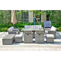 Moda Furnishings Forever Gas Fire Pit Dining Table With Sectional Sofa Set,  2 Back Folding Chairs 2 Ottomans,