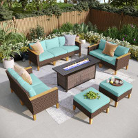 Red Barrel Studio 9-piece Wicker Outdoor Patio Furniture Set, Sectional Patio Set With Cushions, Fire Pit Table