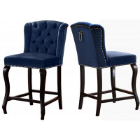 House of Hampton Myla Velvet Counter Stool With Espresso Wood Legs And Chrome Nailheads, Navy Seat