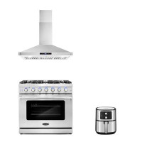 Cosmo 3 Piece Kitchen Package With 36" Freestanding Gas Range 36" Wall Mount Range Hood & 5.5L Electric Hot Air Fryer