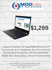 Brand New Lenovo ThinkPad L13 Yoga 20R5002JUS 13.3 2 in 1 Notebook, Intel Core i5 1.60GHz, 8GB RAM, 256GB SSD, Win10Pro