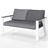Ebern Designs Elegant Grey And White Aluminum Patio Double Lounge Sofa With Chic Wood-grain Armrests