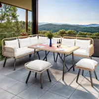Bayou Breeze 6 Pcs of Patio Dining Set with Wicker Chair, Table, Soft Cushions, and Corner Sofa