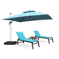 Arlmont & Co. 11 Feet Double Top Square Cantilever Umbrella with Base and 66.15" Long Slat Seat with Table