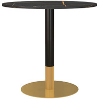 ROUND DINING TABLE, MODERN DINING ROOM TABLE WITH FAUX MARBLE TOP, STEEL BASE, SPACE SAVING SMALL KITCHEN TABLE, BLACK