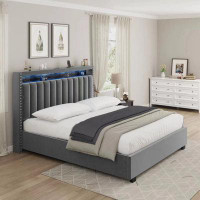 Mercer41 Luxury Gas Lift Storage Bed With Rf Led Lights, Storage Headboard ,king Size ,velvet Grey