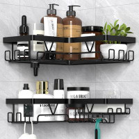 Rebrilliant Corner Shower Caddy Shelf, Adhesive Shower Rack Organizer Corner With Hooks,2 Pack,Modern Black