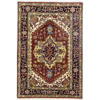 Charlton Home Maineville Oriental Handmade Hand-Knotted Rectangle 4'1" x 6' Wool Area Rug in Red/Navy/Cream