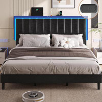 Latitude Run® King Bed Frame With Led Lights And Usb Ports Modern Faux Leather Upholstered King Size Led Platform Bed Fr