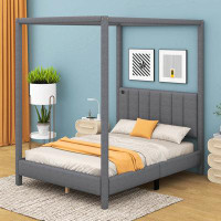 Winston Porter Full Size Canopy Platform Bed With USB And Type-C Ports, Canvas
