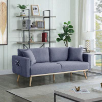 George Oliver Light Grey Linen Fabric Sofa With USB Charging Ports Pockets & Pillows