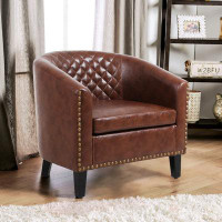 Ebern Designs Accent Barrel Chair Living Room Chair With Nailheads And Solid Wood Legs  Brown Pu Leather