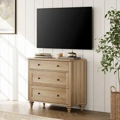 Ebern Designs Ebern Designs Dresser For Bedroom With 3 Drawers, Oak Kids Dressers With Wide Chest Of Drawers, Mid Centur