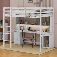 Harriet Bee Jaivyon Kids Loft Bed with Multi-storage Desk, LED light and Bedside Tray, Charging Station