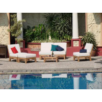 Teak Smith Sectional 6 Pc Lounge Chair Set: 4 Lounge Chairs, Coffee&SideTable + Sunbrella #57003 White Cushions-33" H x