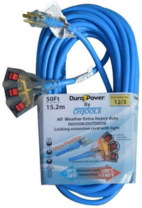 Dura Power 25ft. Extra Heavy Duty 12/3 Locking Plug Blue All -Weather Extension Cord