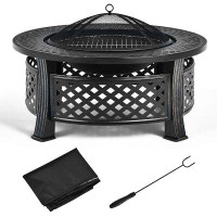 Red Barrel Studio Red Barrel Studio 3-in-1 Round Fire Pit Set 32 Inch Round Wood Burning Firepit Table Multifunctional M