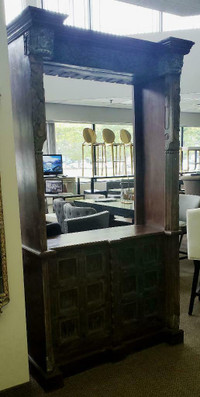 Tall Bar Counter in Re-Claimed Wood w/Wine Bottle n Stem Glass Display at the Back.