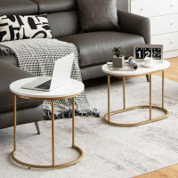 Mercer41 2-Piece Metal Nesting Coffee Tables, Golden And White, Faux Marble Tabletop, Steel Frame