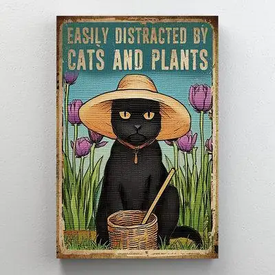 Trinx Easily Distracted By Cats And Plants - 1 Piece Rectangle Graphic Art Print On Wrapped Canvas