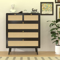 George Oliver 4 Drawer Dresser, Modern Rattan Dresser Chest with Wide Drawers for Bedroom, Living Room