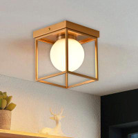 Everly Quinn 1-Light Brass Flush Mount With A White Glass Shade