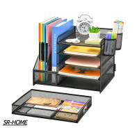 SR-HOME Desk Organizer With File Holder, 5-Tier Paper Letter Tray Organizer With Drawer And 2 Pen Holder, Mesh Desktop O