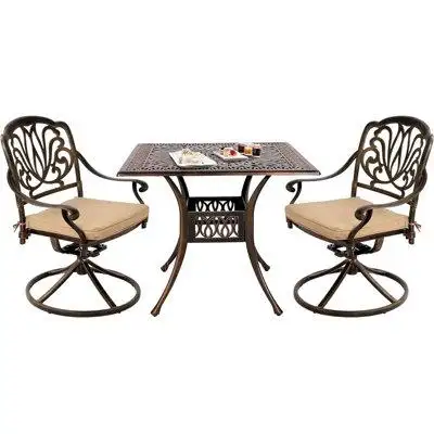 Bloomsbury Market 3 Piece Patio Bistro Set Outdoor Cast Aluminum Dining Set 2 Swivel Chairs and 1 Umbrella Table