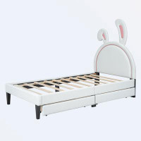 Zoomie Kids Twin Size Upholstered Leather Platform Bed With Rabbit Ornament And 2 Drawers