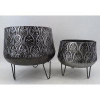 Red Barrel Studio Set Of 2 Black And Silver Finish With Leaf Pattern On Metal Legs Planters
