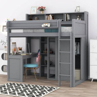 Harriet Bee Wood Twin Size Loft Bed With Multiple Storage Shelves And Wardrobe