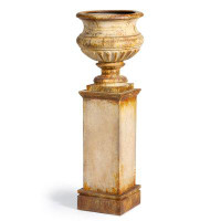 Buyers Choice Rustic Aged Metal Garden Urn With Matching Tall Pedestal