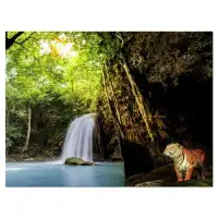 Design Art Tiger Watching Waterfall - Wrapped Canvas Photograph Print