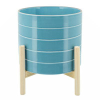 Ebern Designs 6 Inch Ceramic Planter, Round, Stripes, Wood Stand, Light Blue