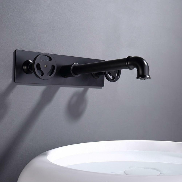 Industrial Pipe Matte Black Wall Mounted Bathroom Sink Faucet Double Handles Solid Brass in Plumbing, Sinks, Toilets & Showers - Image 3