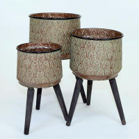 MDR Trading Inc. Set Of 3 Aged Verdigris & Copper Look Finish With Leaf Pattern Metal Plant Stand