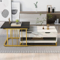 Mercer41 Modern Marble Nesting Golden Coffee Table Set Of 2, Metal Frame, With Drawers & Shelves Storage For Living Room