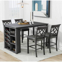 Red Barrel Studio Counter Height 5-Piece Solid Wood Dining Table Set, 59*35.4Inch Table With Wine Rack And 4 Upholstered