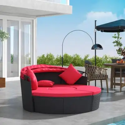 4pc PE Rattan Wicker Round Canopy Daybed Lounge Patio Sectional Sofa Set w Cushions, Black, Red