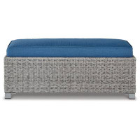 Latitude Run® 50 Inch Bench, Grey All Weather Resin Wicker Frame, Blue Polyester Fabric