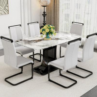 Ivy Bronx A Imitation Marble Tabletop, And MDF Leg Dining Table Dining Chairs With PU Backrest Cushions And Metal Legs.
