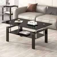 Ivy Bronx Rectangle Glass Coffee Table with Shelf Coffee Tables for Livingroom with Metal Legs (Clear)
