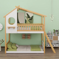 Harper Orchard Twin Over Twin Bunk Bed Wood Bed With Roof, Window, Ladder