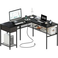 17 Stories L Shaped Desk With Power Outlets & LED Lights, Reversible Computer Desk With Storage Shelves