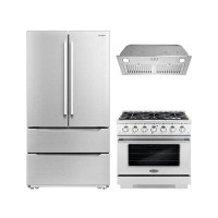 Cosmo 3 Piece Kitchen Package With 36" Freestanding Gas Range 36" Insert Range Hood & French Door Refrigerator