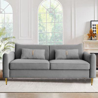 Mercer41 Modern Sofa Couch Upholstered Sofa Tufted Back Comfy Velvet Long Couch With 2 Pillows And Golden Legs For Livin
