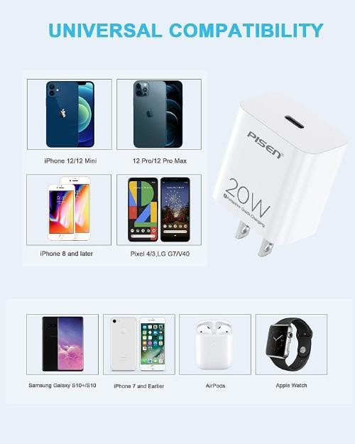 20W PISEN Wall Fast USB-C Charger with PD &amp; QC 3.0 Compatible with Smart Phone, Pods, Tablets, etc. - White in General Electronics - Image 3